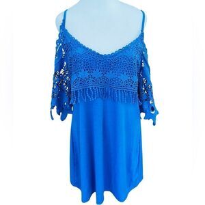 CHICME Blue Lace Cold  Shoulder spaghetti strap dress size L.